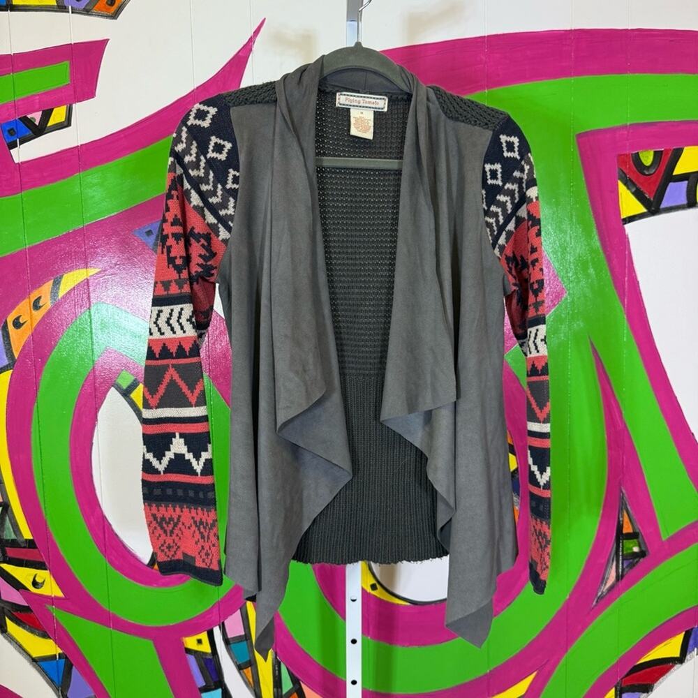 Flying Tomato, Gray and Red Geometric Cardigan Faux Suede. Size Medium.